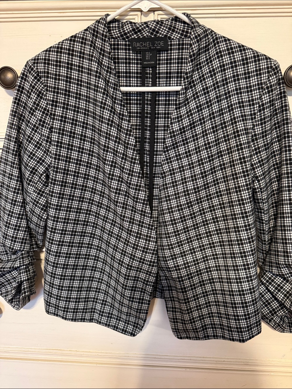 Rachel Zoe Black & White Plaid Collarless Open Jacket